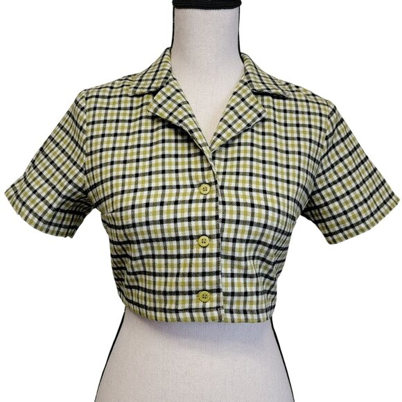 John Galt Green &‎ Black Checked Shirt Juniors Sz OS Button Front Crop Top Plaid - Picture 1 of 6